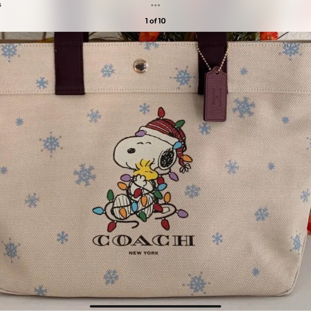 Coach Peanuts Snoopy / Woodstock Canvas Leather Tote